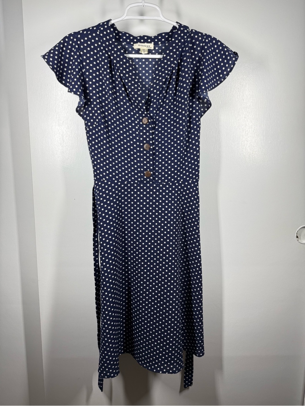 Monteau Navy Polka Dot Flutter Sleeve Tie Waist Dress - Picture 3 of 12